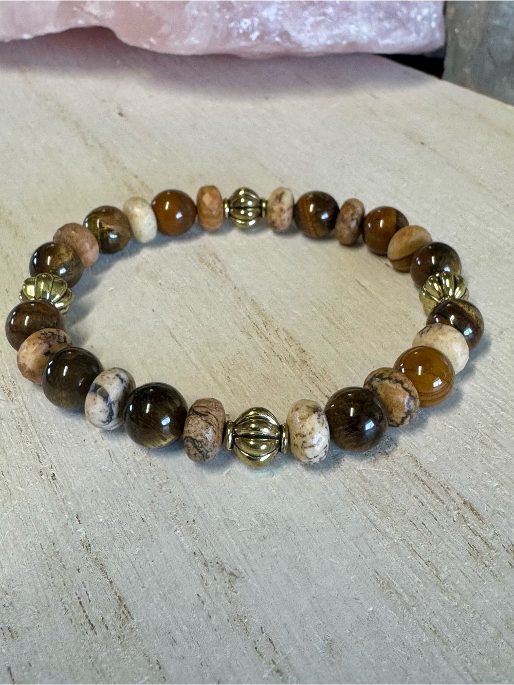 Tiger’s Eye & Landscape Jasper Gemstone Beaded Stretch Bracelet - Size 7.5